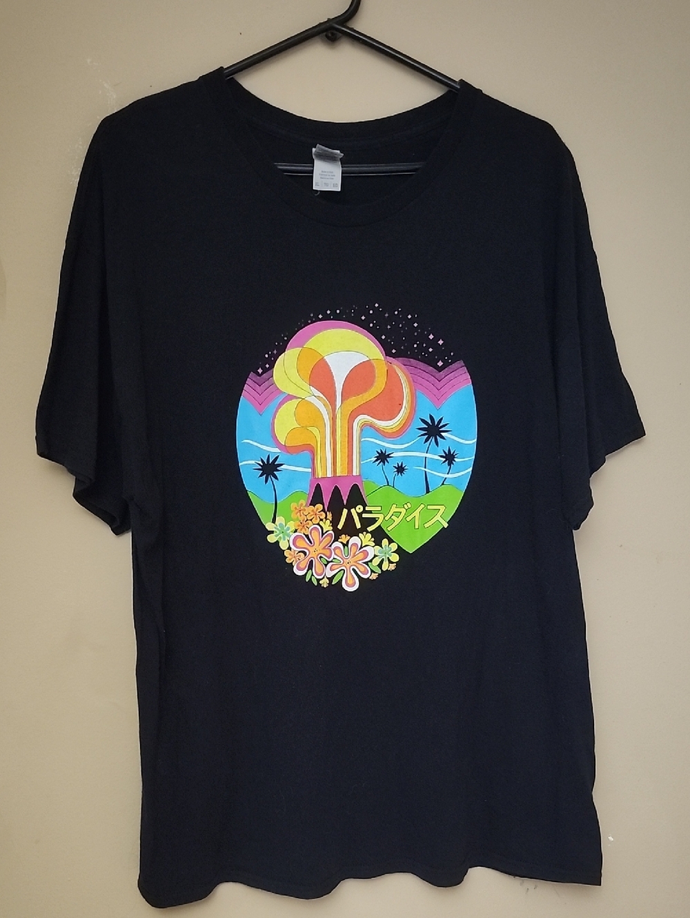 Black Graphic Tee with Colorful Retro Paradise Print